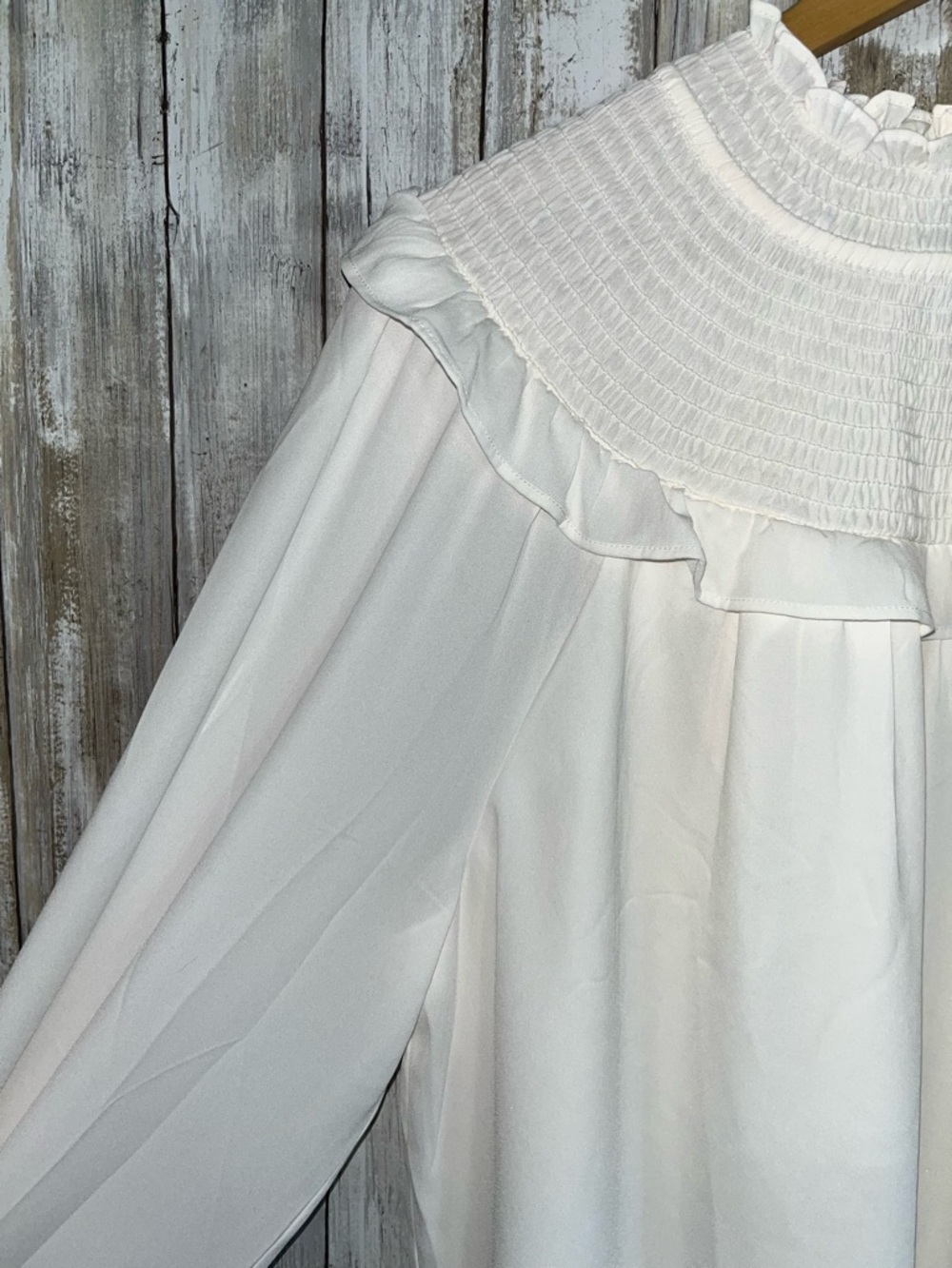 LOFT Cream Smocked Ruffle Neck Blouse Large Long Sleeve Sheer Feminine Top - Picture 4 of 6